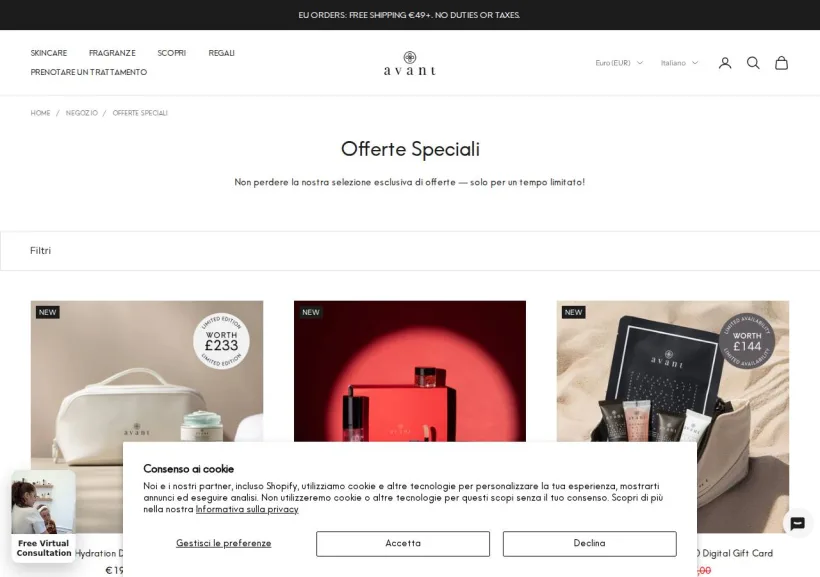 Schermata della pagina offerta di Avant Skincare