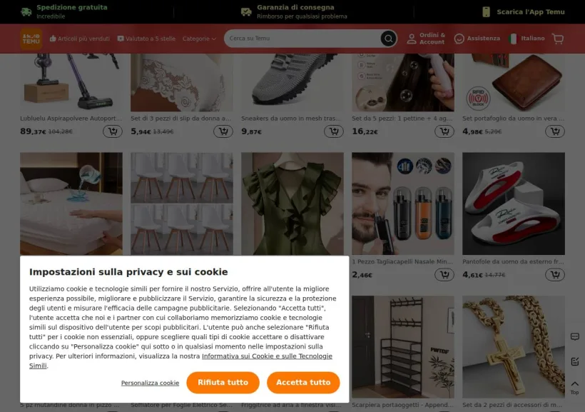 Schermata della pagina offerta di Temu