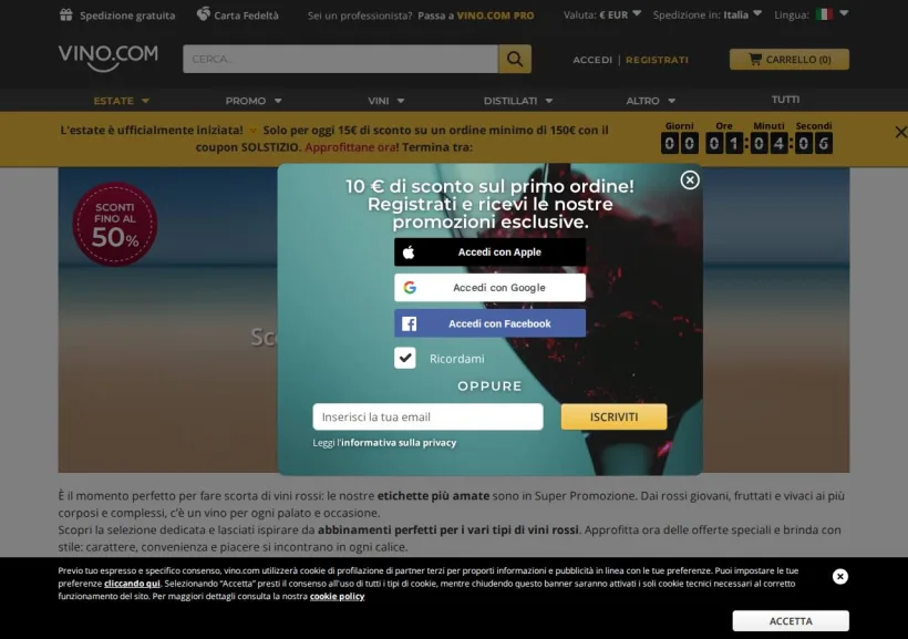 Schermata della pagina offerta di Vino.com