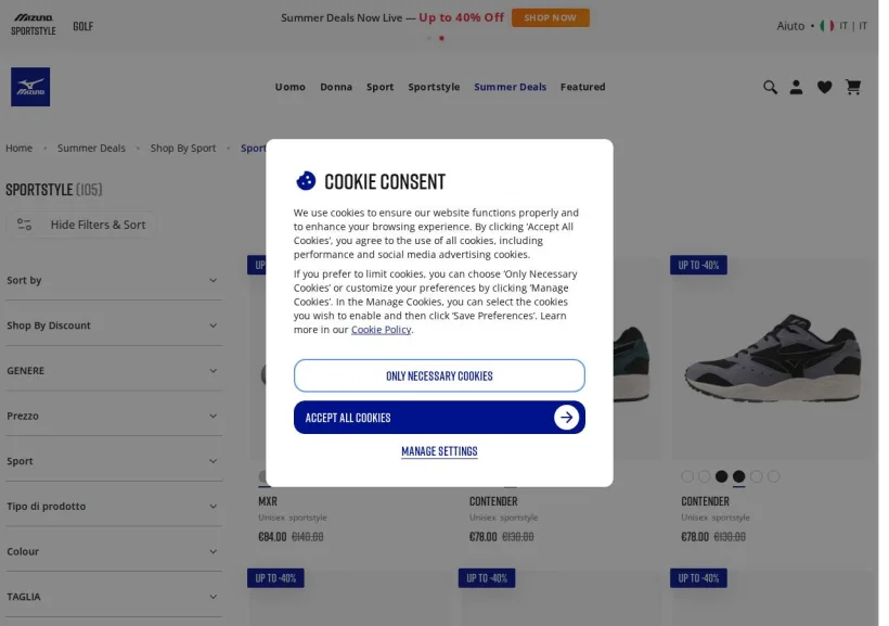 Schermata della pagina offerta di Mizuno