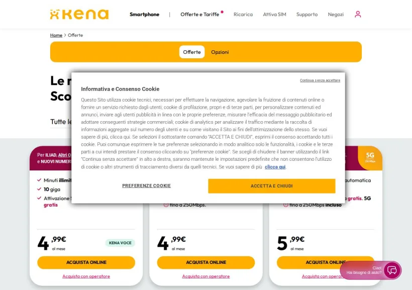 Schermata della pagina offerta di Kenamobile