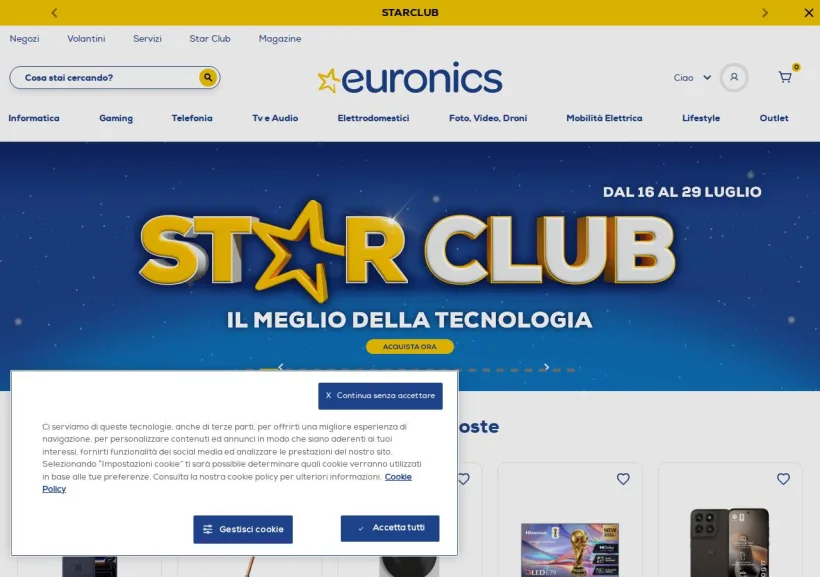 Schermata della pagina offerta di Euronics