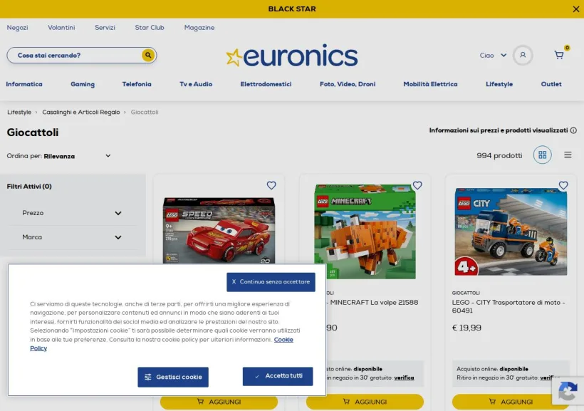 Schermata della pagina offerta di Euronics