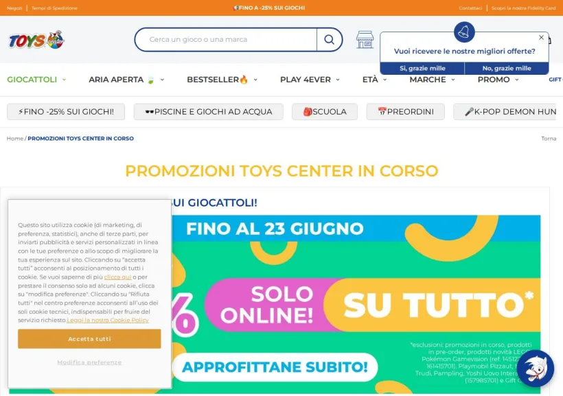 Schermata della pagina offerta di Toys Center