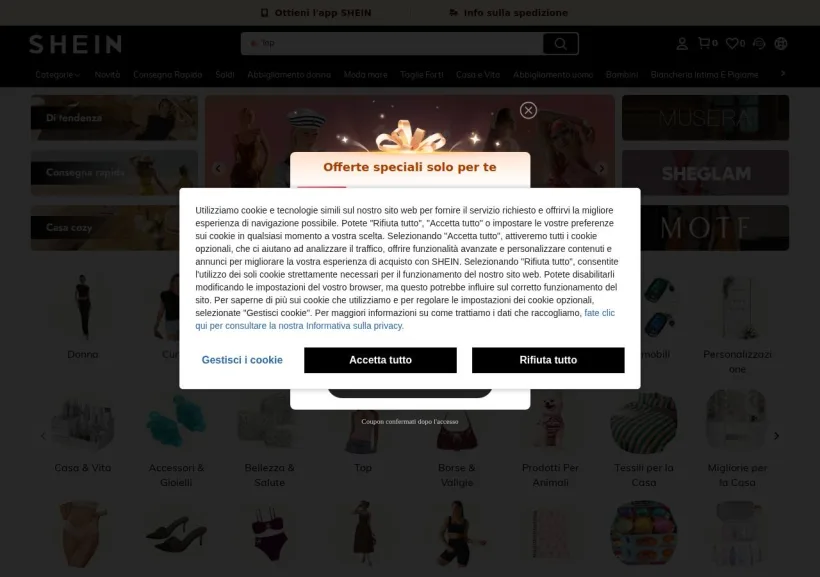 Schermata della pagina offerta di Shein