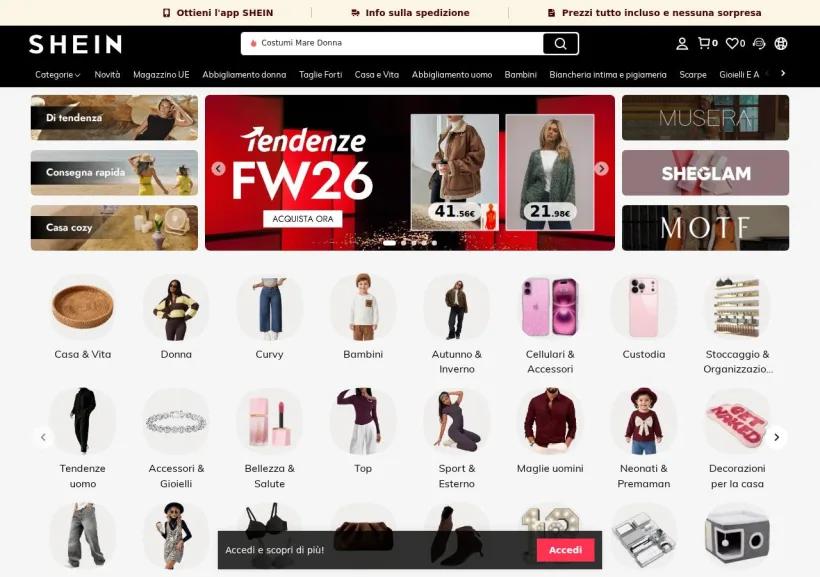 Schermata della pagina offerta di Shein