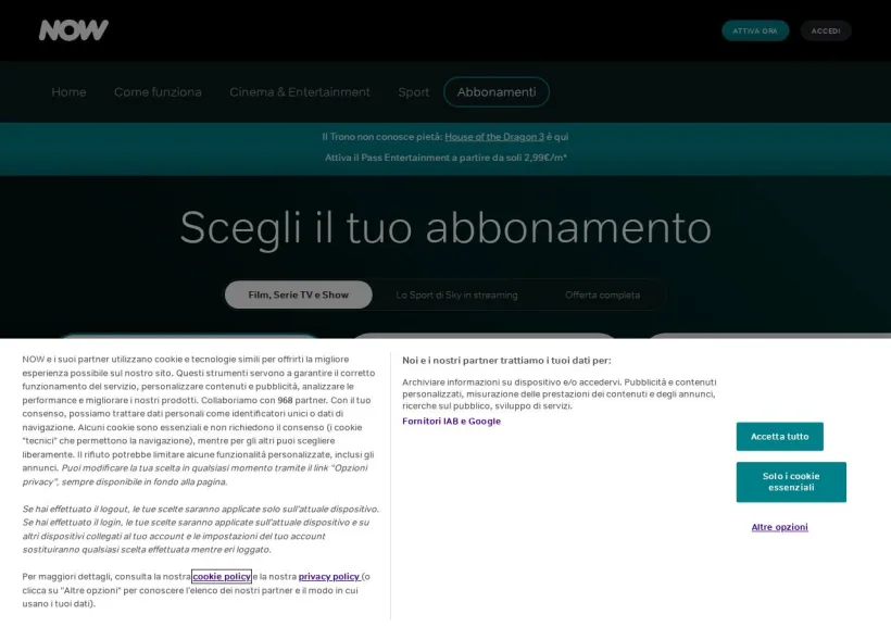 Schermata della pagina offerta di Now TV