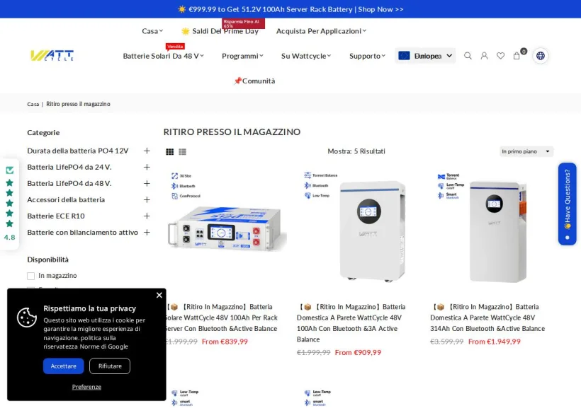 Schermata della pagina offerta di Wattcycle