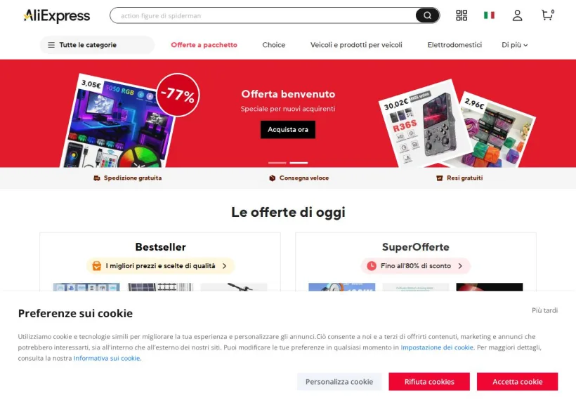 Schermata della pagina offerta di AliExpress