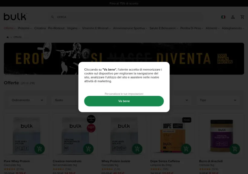 Schermata della pagina offerta di Bulk UK
