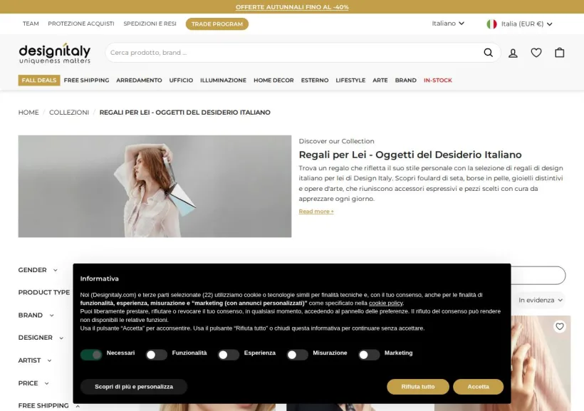 Schermata della pagina offerta di Design Italy