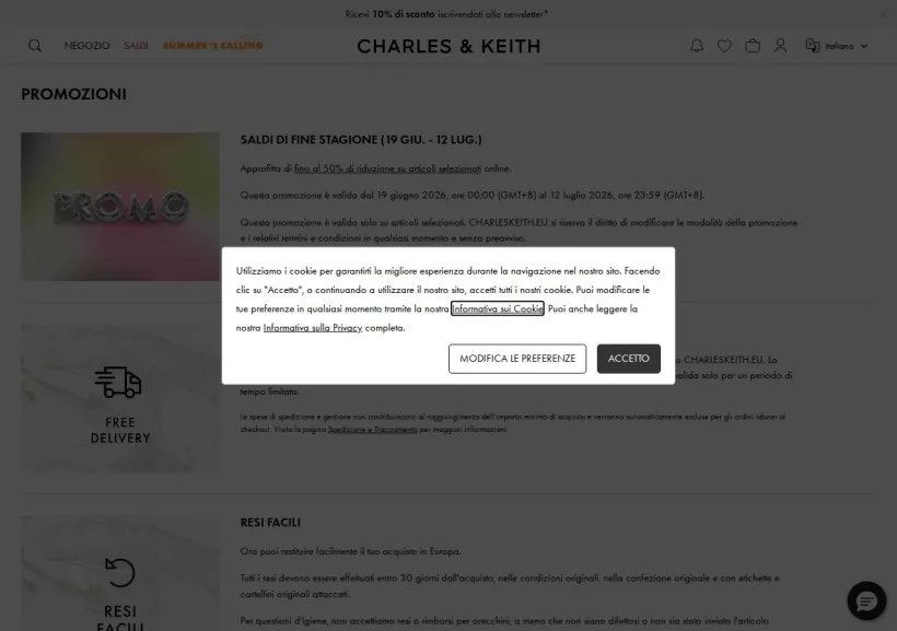 Schermata della pagina offerta di Charles & Keith