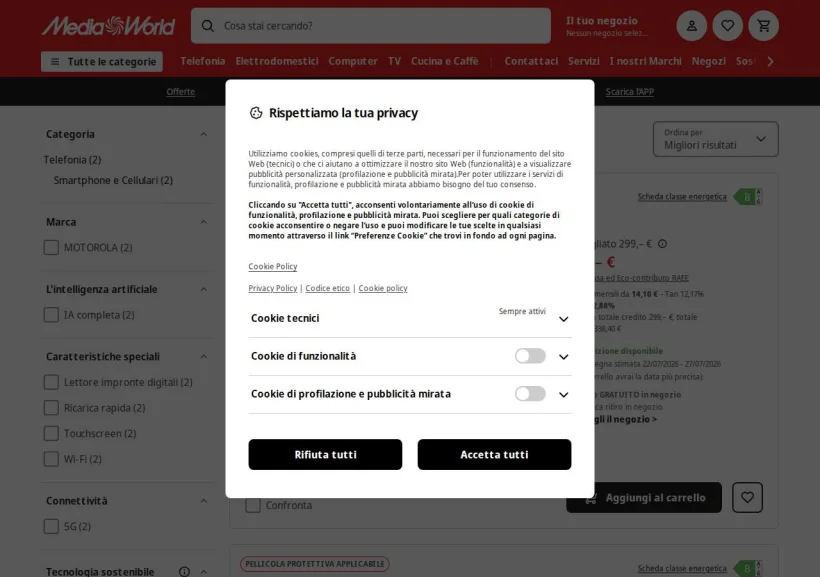 Schermata della pagina offerta di Mediaworld