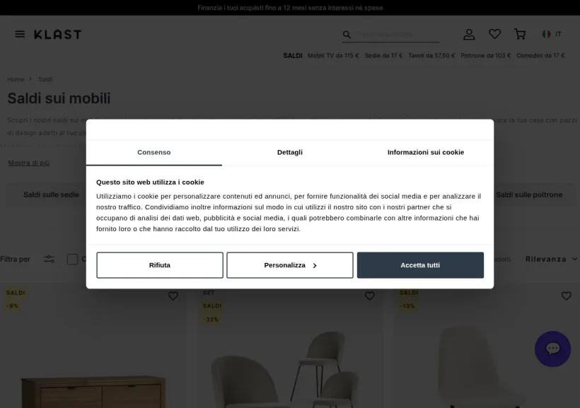 Schermata della pagina offerta di Klast