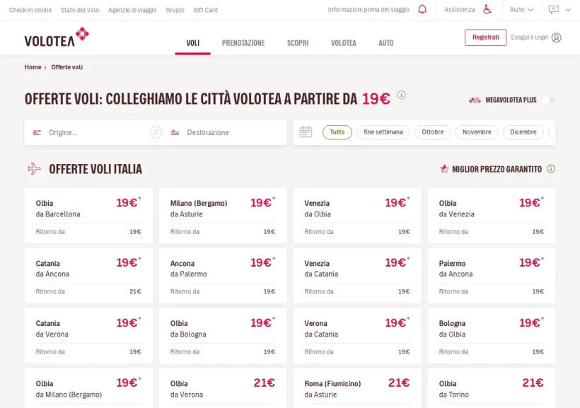 Schermata della pagina offerta di Volotea
