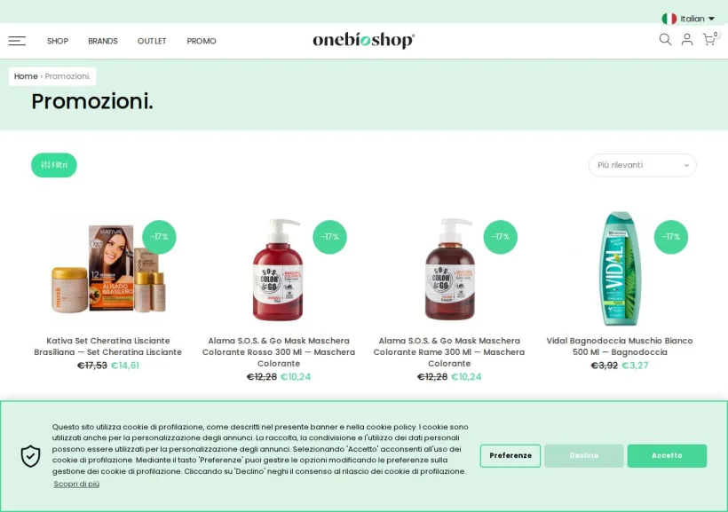 Schermata della pagina offerta di OneBioShopITA