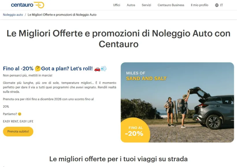 Schermata della pagina offerta di Centauro Rent a Car