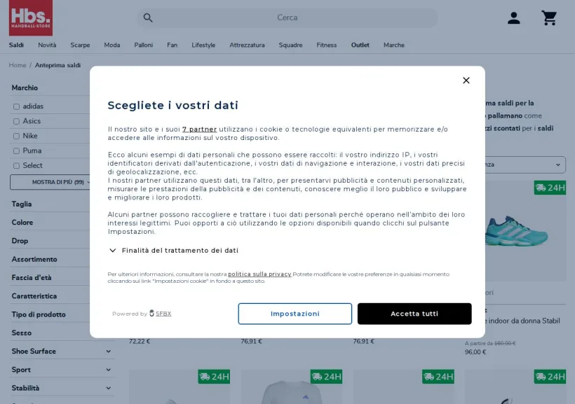 Schermata della pagina offerta di Handball-Store