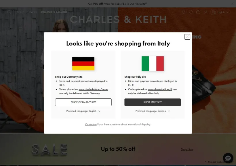 Schermata della pagina offerta di Charles & Keith