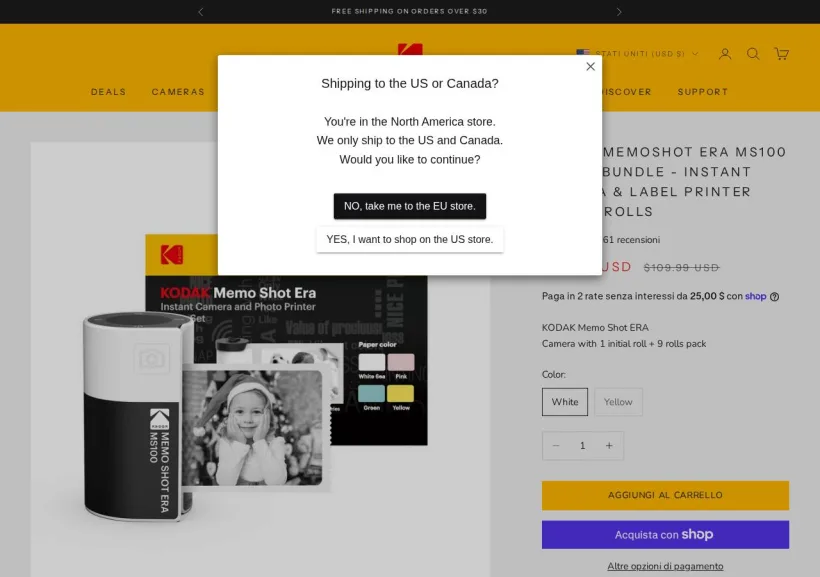 Schermata della pagina offerta di Kodak