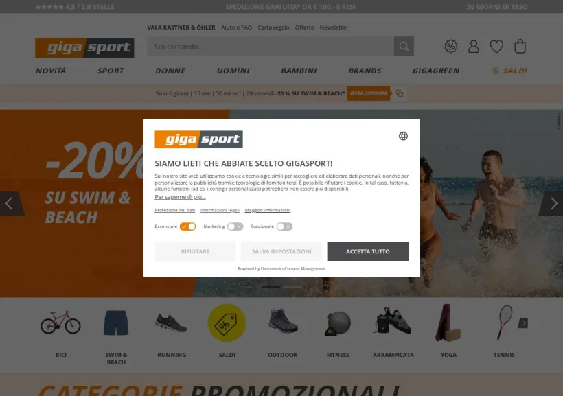 Schermata della pagina offerta di Gigasport