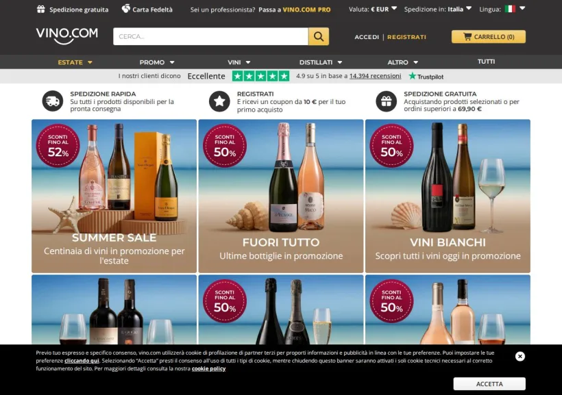 Schermata della pagina offerta di Vino.com