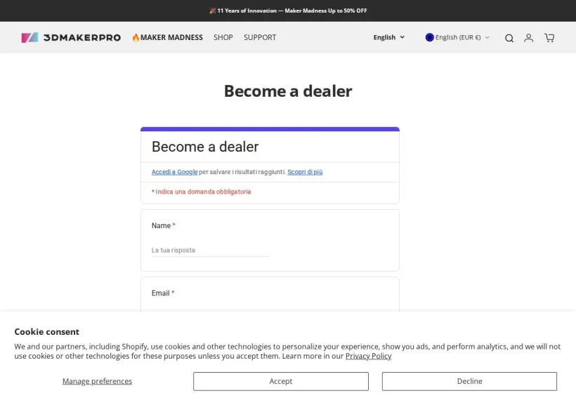 Schermata della pagina offerta di 3DMakerpro (EU)