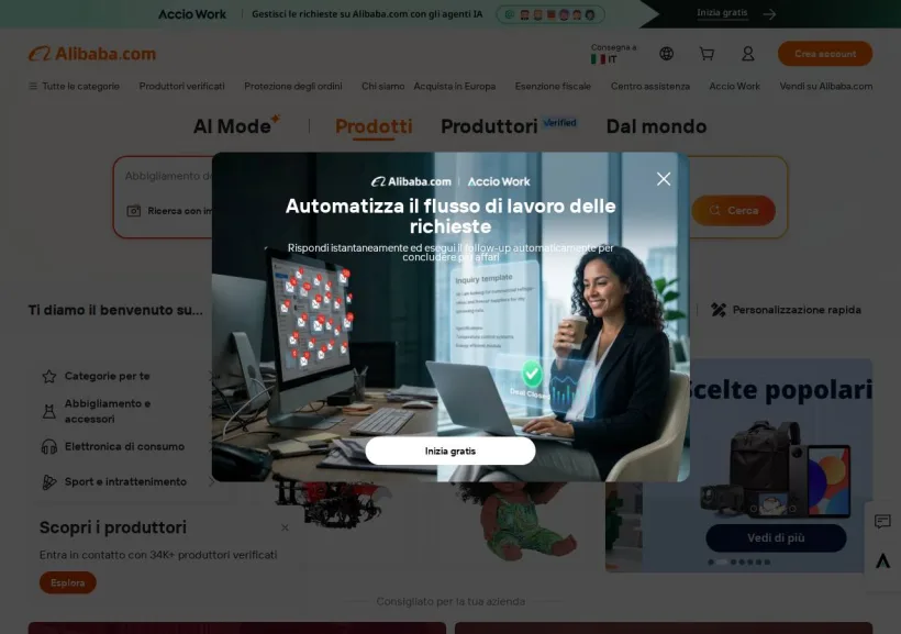Schermata della pagina offerta di Alibaba