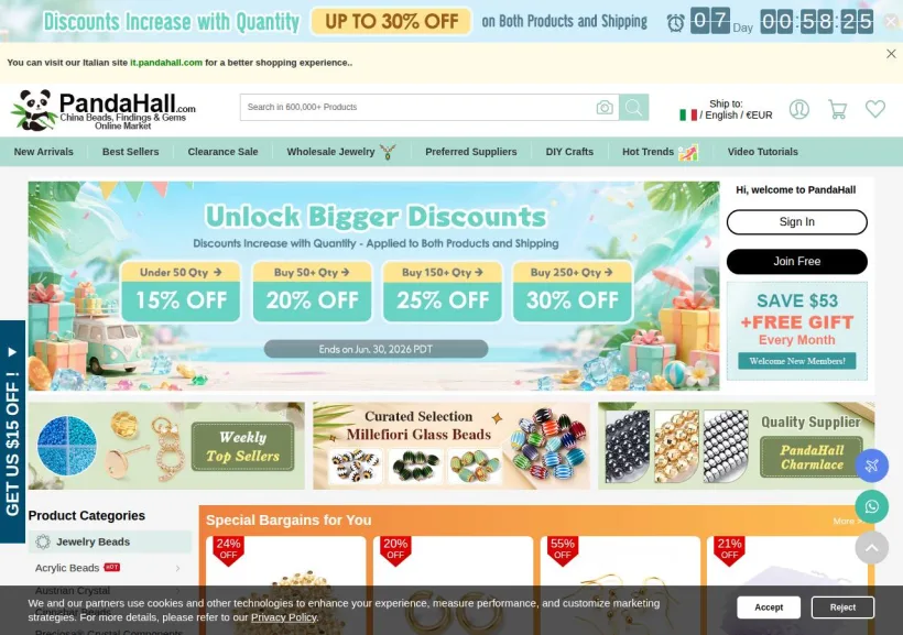 Schermata della pagina offerta di PandaHall