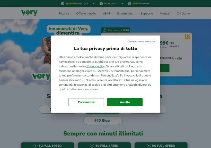 Schermata della pagina offerta di Very mobile