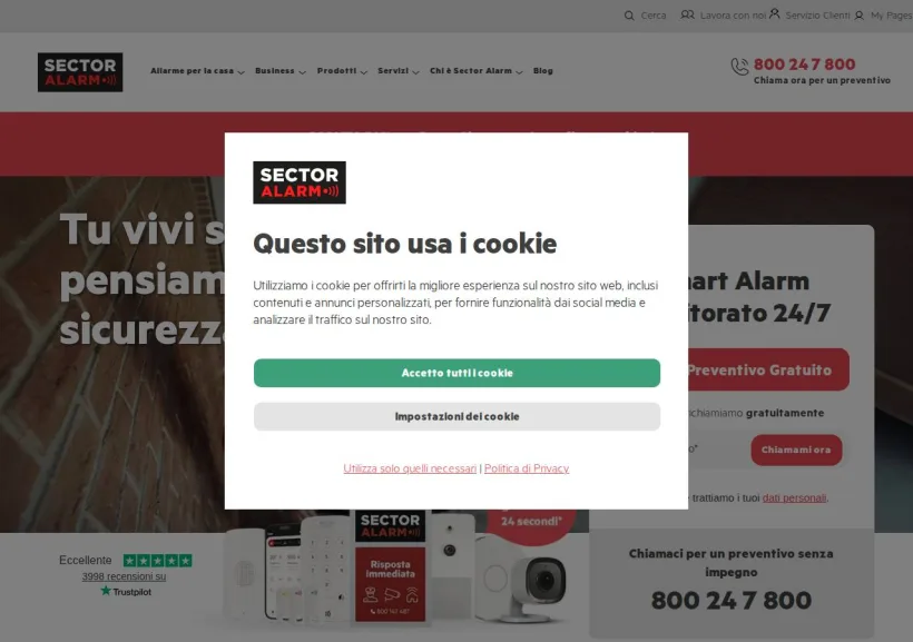 Schermata della pagina offerta di Sector Alarm