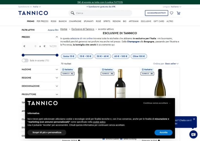 Schermata della pagina offerta di Tannico