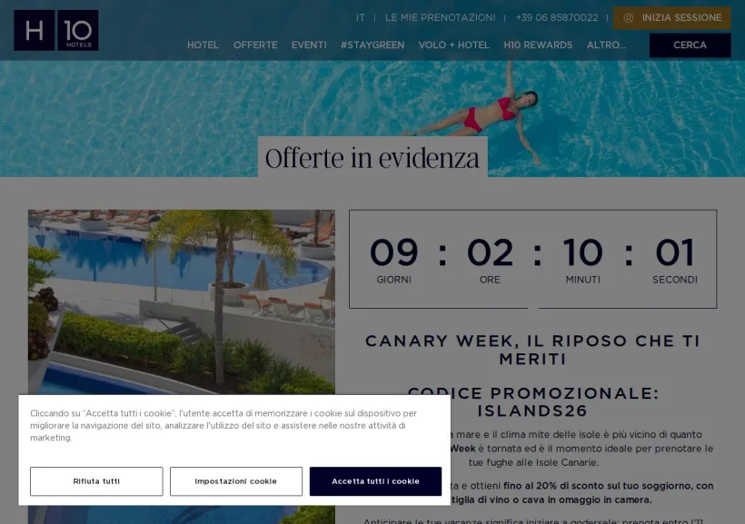 Schermata della pagina offerta di H10 Hotels