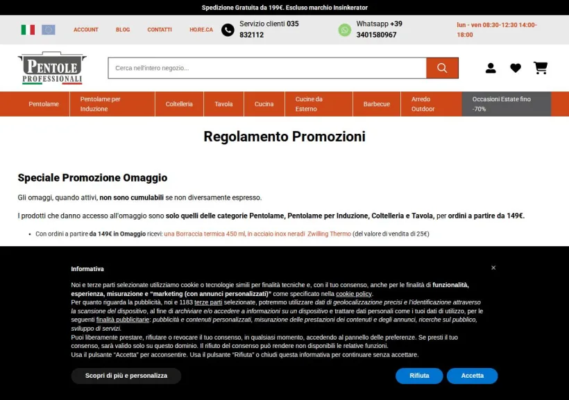 Schermata della pagina offerta di Pentole Professionali