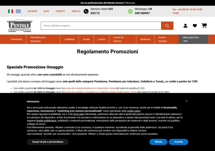 Schermata della pagina offerta di Pentole Professionali