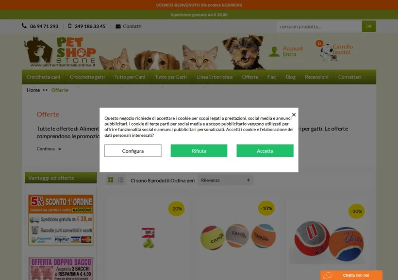 Schermata della pagina offerta di Pet Shop Store