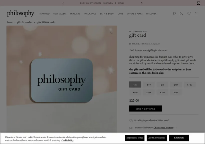 Schermata della pagina offerta di Philosophy