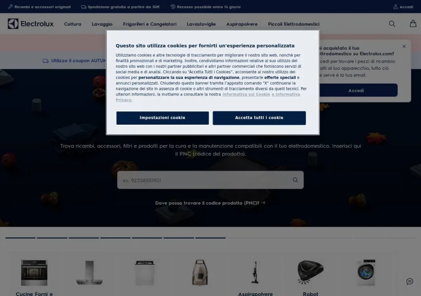 Schermata della pagina offerta di Shop Electrolux