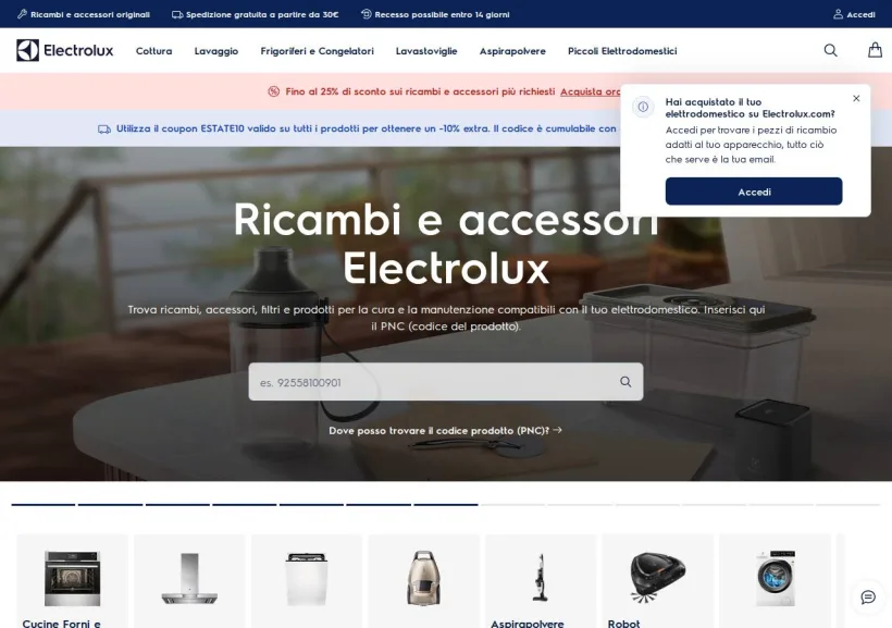 Schermata della pagina offerta di Shop Electrolux