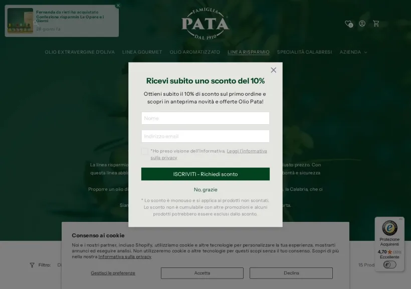 Schermata della pagina offerta di Olio Pata