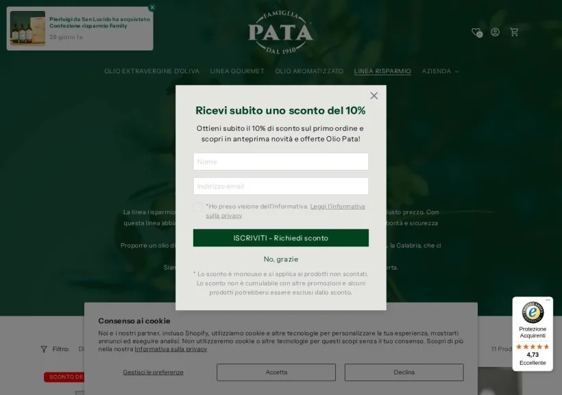 Schermata della pagina offerta di Olio Pata