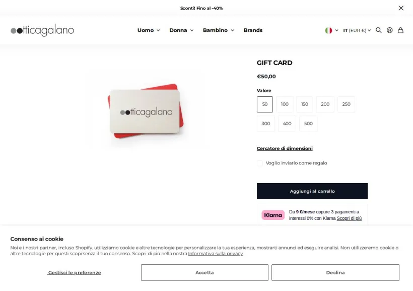 Schermata della pagina offerta di Ottica Galano