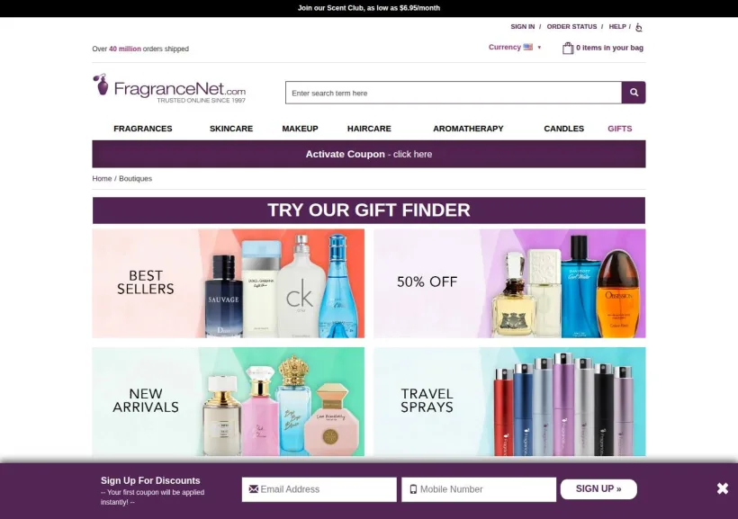 Schermata della pagina offerta di FragranceNet.com