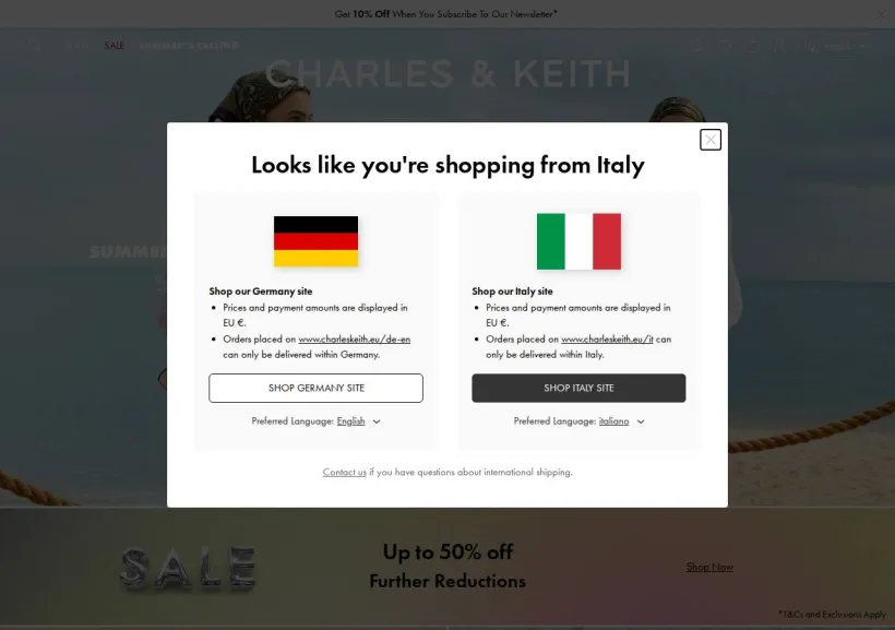 Schermata della pagina offerta di Charles & Keith