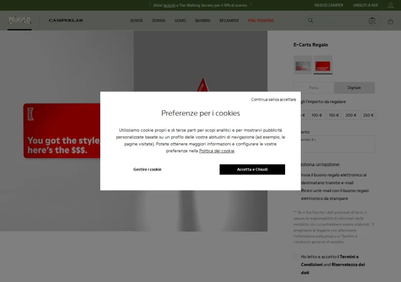 Schermata della pagina offerta di Camper