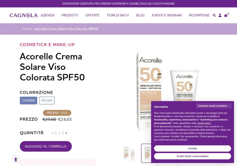 Schermata della pagina offerta di Dr Cagnola