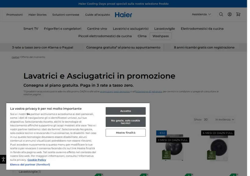 Schermata della pagina offerta di Haier 