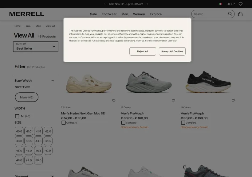 Schermata della pagina offerta di Merrell