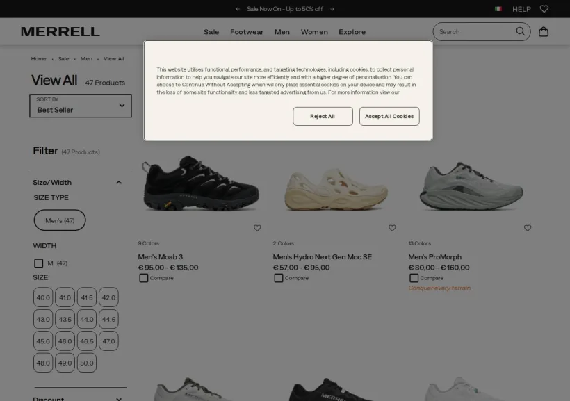 Schermata della pagina offerta di Merrell