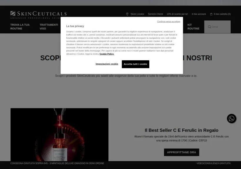 Schermata della pagina offerta di Skinceuticals